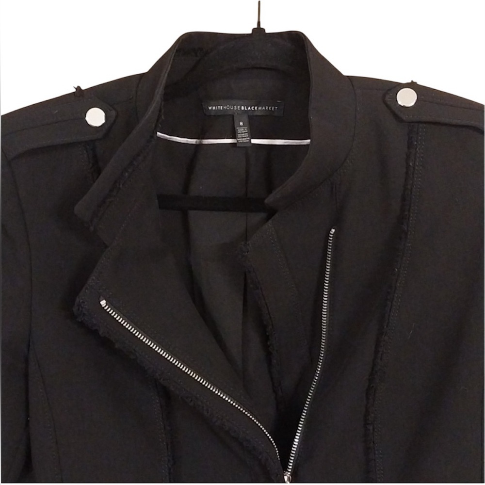 🖤EUC•WHBM Black Raw Edge Moto Jacket with silver zippers. Size 8. - Picture 3 of 11